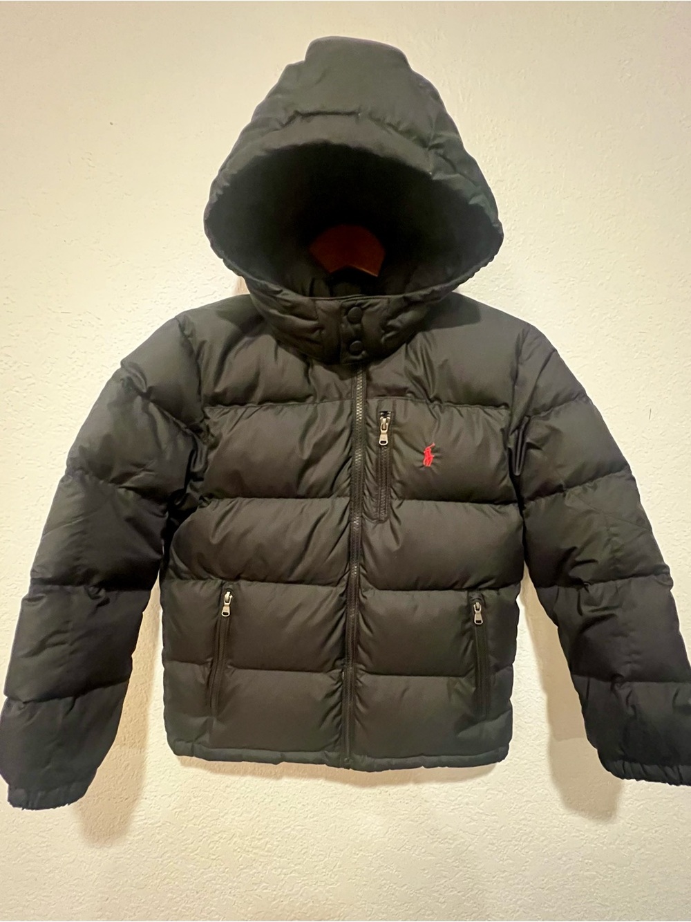 Boys Ralph Lauren Black Hooded Down Jacket. Size (10/12)